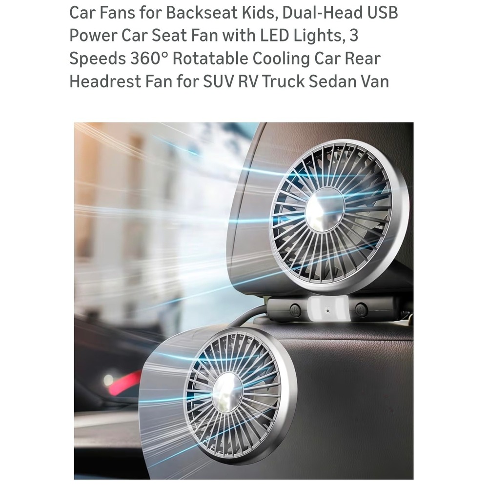 Mievlyo Dual Head‎ Car Seat Fan LED Lights 3 Speeds USB Powered Cooling Fan